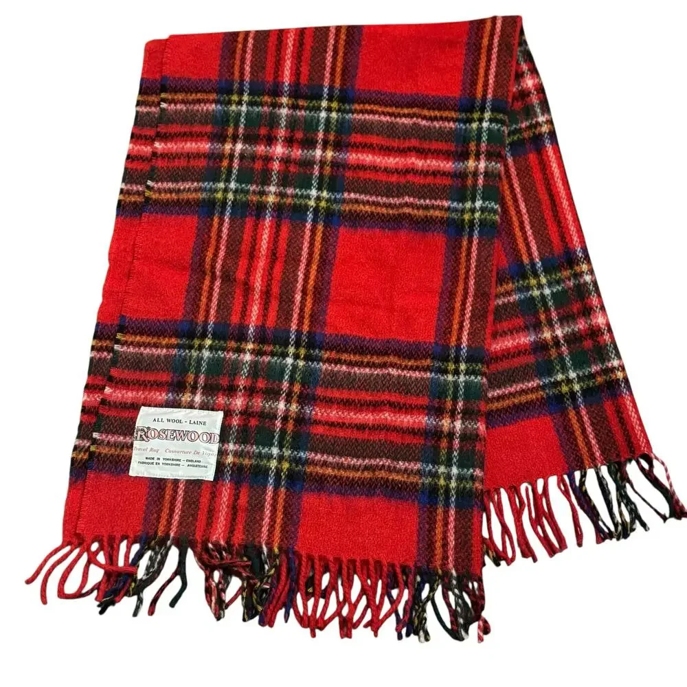 Vintage Tartan Plaid Rosewood 100% Wool Travel Rug Blanket Yorkshire England